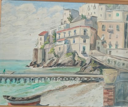 Oil painting by Artist Marie-Luise von Poncet set in the Amalfi Coast in Italy. A shoreline with a white sandy beach and blue ocean with building in the background and a pier stretching into the ocean from the beach.