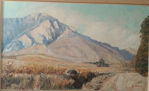 Oil painting with a mountain view and fields of the Fairview Farm in Breërivier - Between Wolseley and Worcester in the Western Cape, South Africa